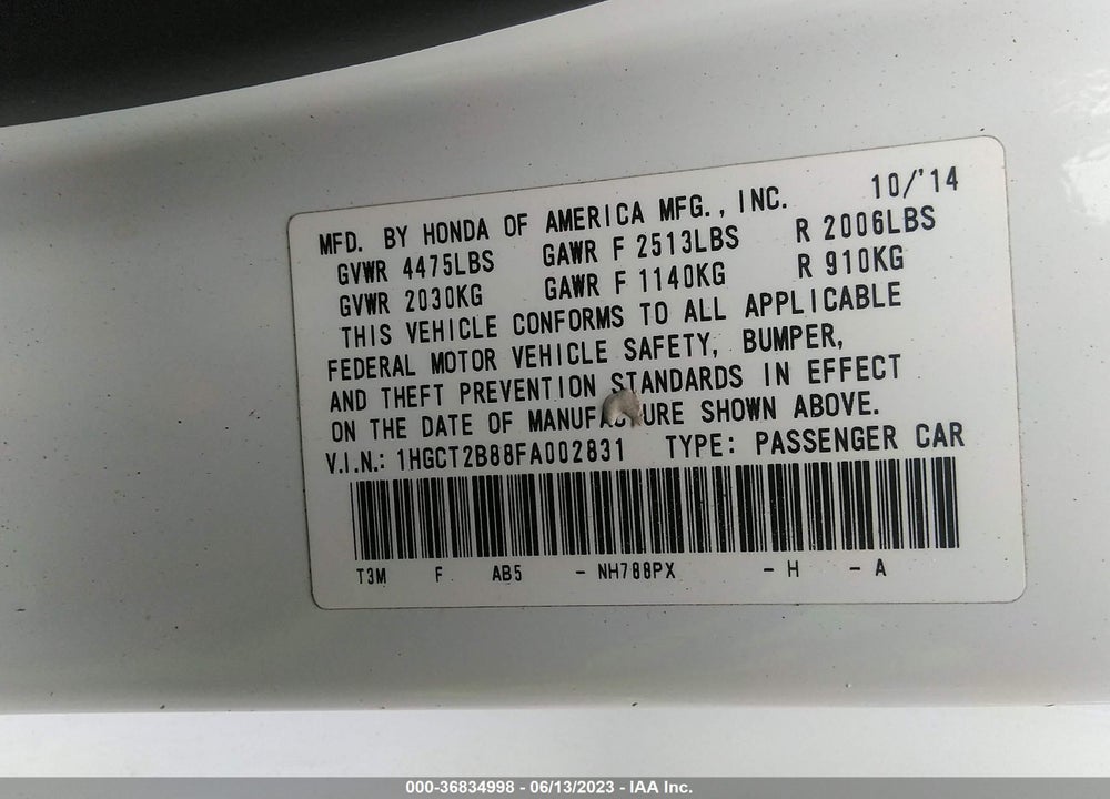 2015 HONDA ACCORD EX-L V-6 VIN: 1HGCT2B88FA002831