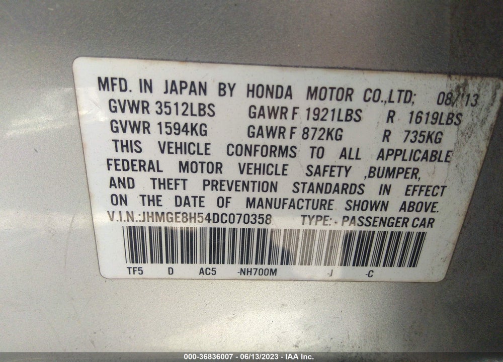 2013 HONDA FIT SPORT VIN: JHMGE8H54DC070358