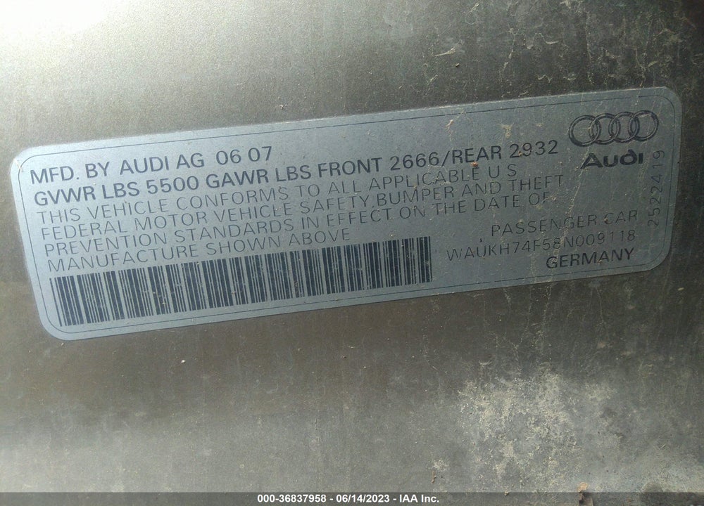 2008 AUDI A6 3.2 AVANT VIN: WAUKH74F58N009118