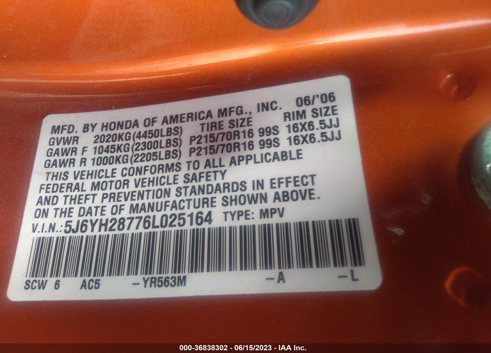 2006 HONDA ELEMENT EX-P VIN: 5J6YH28776L025164