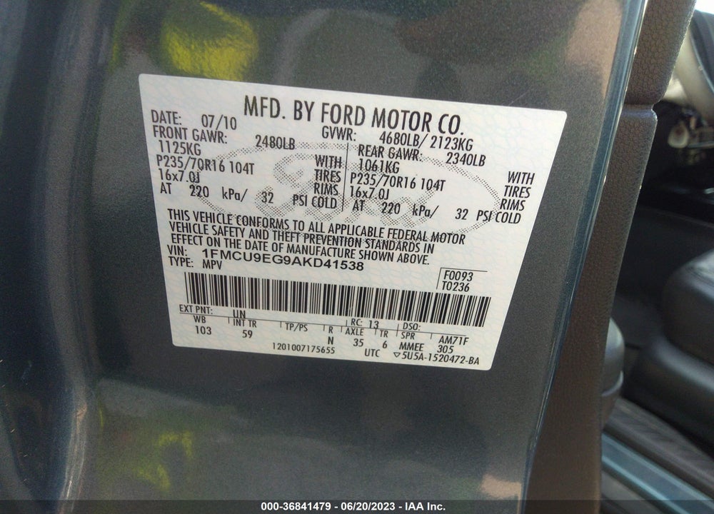 2010 FORD ESCAPE LIMITED VIN: 1FMCU9EG9AKD41538