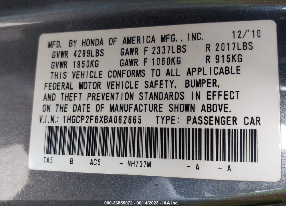2011 HONDA ACCORD VIN: 1HGCP2F6XBA062665