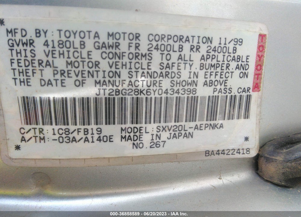 2000 TOYOTA CAMRY LE VIN: JT2BG28K6Y0434398