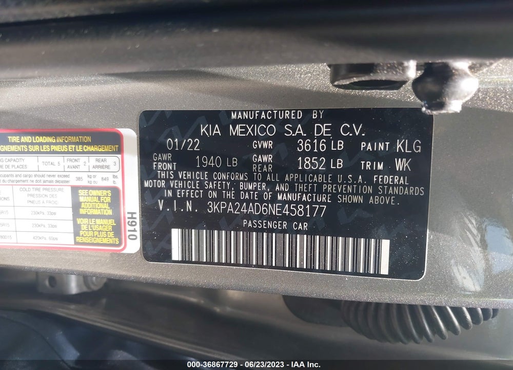 2022 KIA RIO S VIN: 3KPA24AD6NE458177