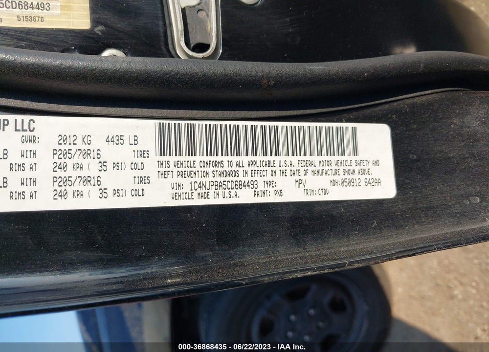 2012 JEEP PATRIOT SPORT VIN: 1C4NJPBA5CD684493