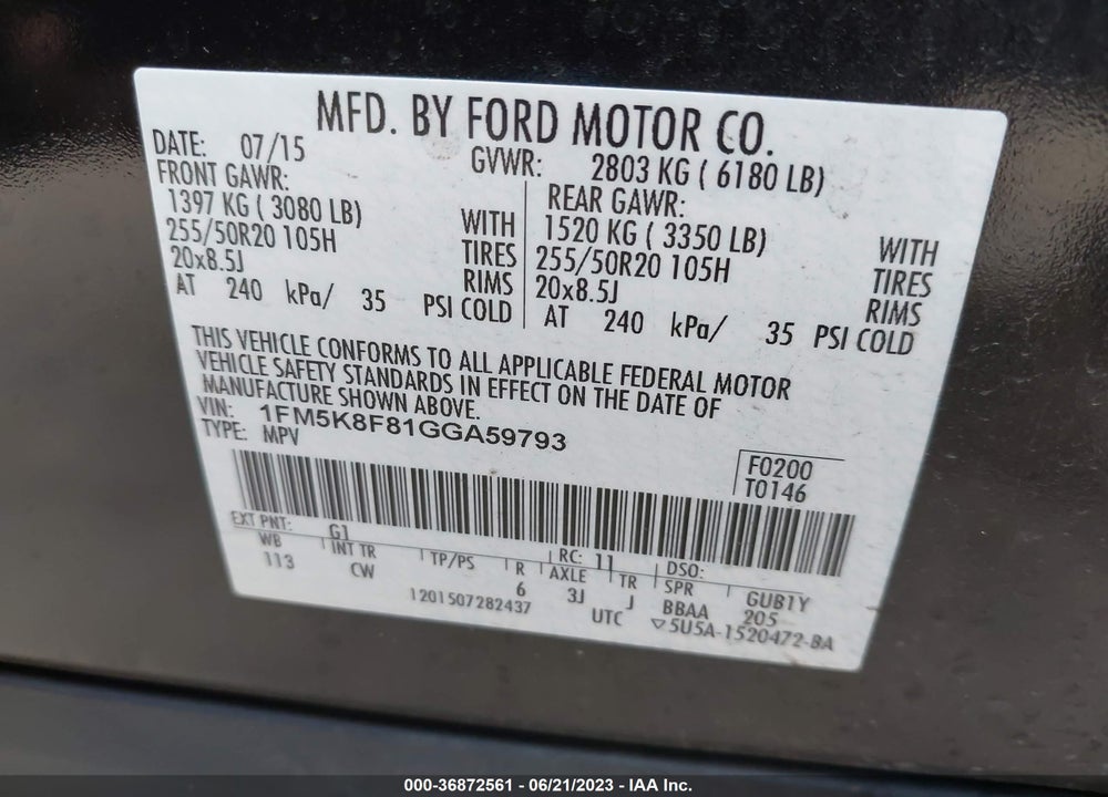 2016 FORD EXPLORER LIMITED VIN: 1FM5K8F81GGA59793