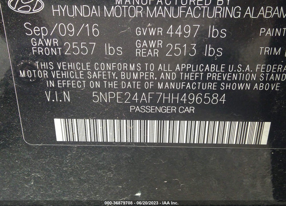 2017 HYUNDAI SONATA SE VIN: 5NPE24AF7HH496584