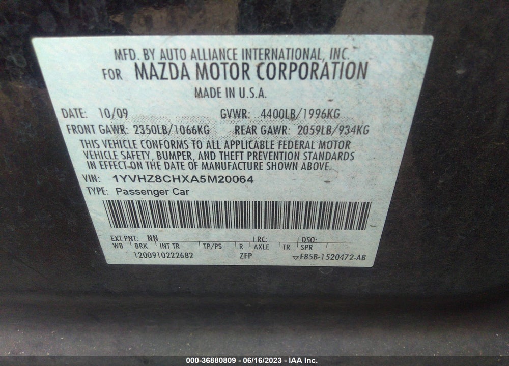 2010 MAZDA MAZDA6 VIN: 1YVHZ8CHXA5M20064