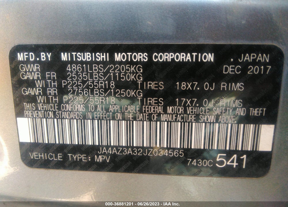 2018 MITSUBISHI OUTLANDER VIN: JA4AZ3A32JZ034565
