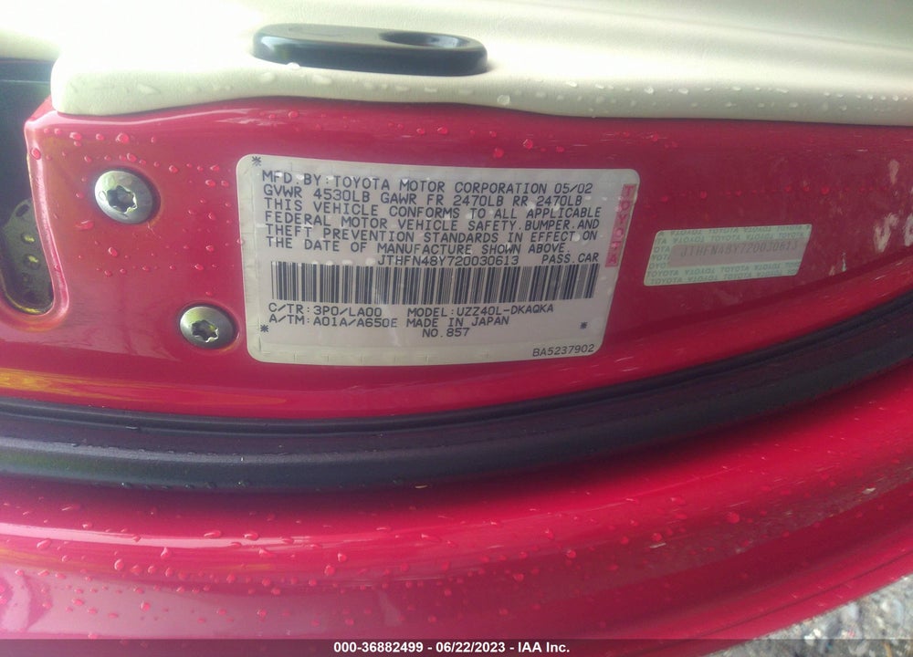 2002 LEXUS SC 430 VIN: JTHFN48Y720030613