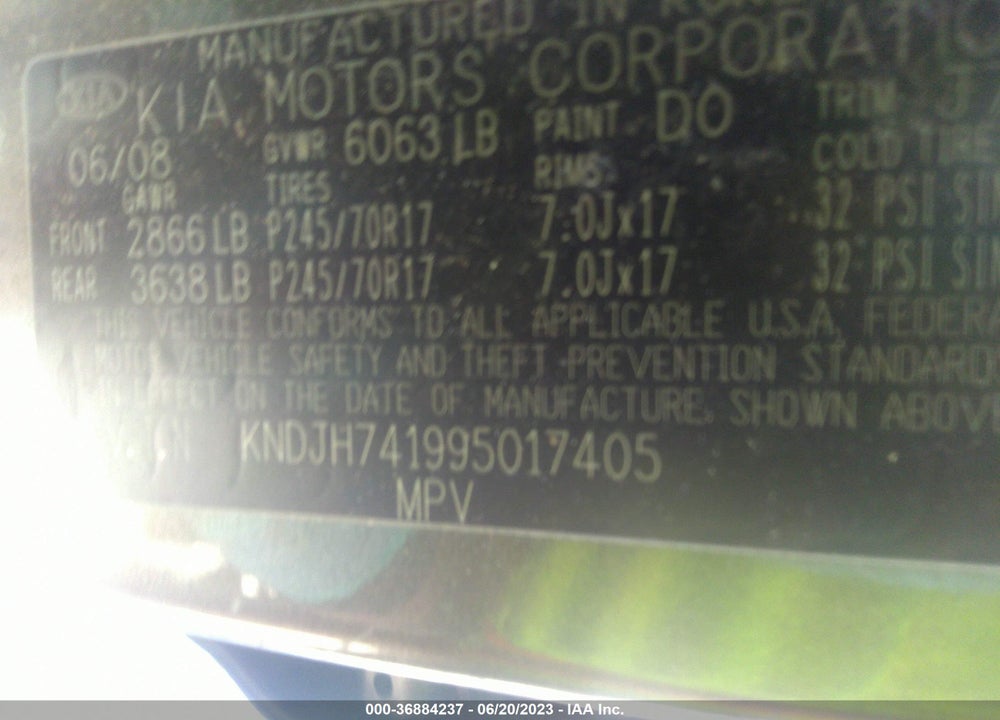 2009 KIA BORREGO LX V6 VIN: KNDJH741995017405