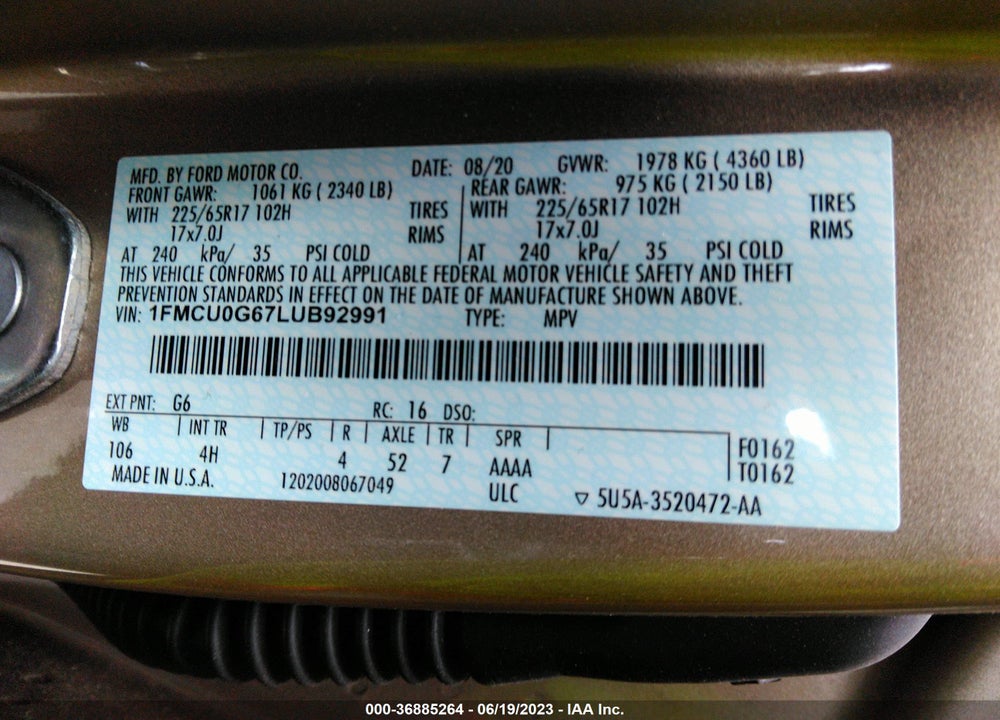 2020 FORD ESCAPE SE VIN: 1FMCU0G67LUB92991