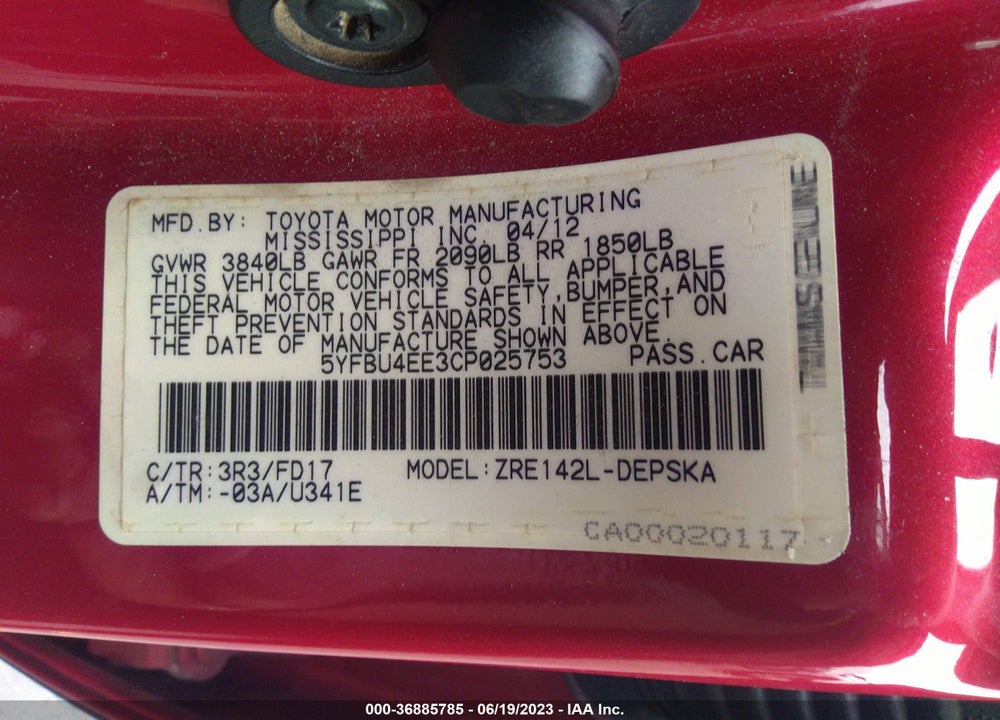 2012 TOYOTA COROLLA S VIN: 5YFBU4EE3CP025753