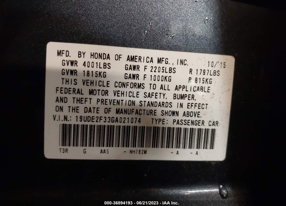 2016 ACURA ILX 2.4L (A8)/W/WATCH PLUS PKG VIN: 19UDE2F33GA021074