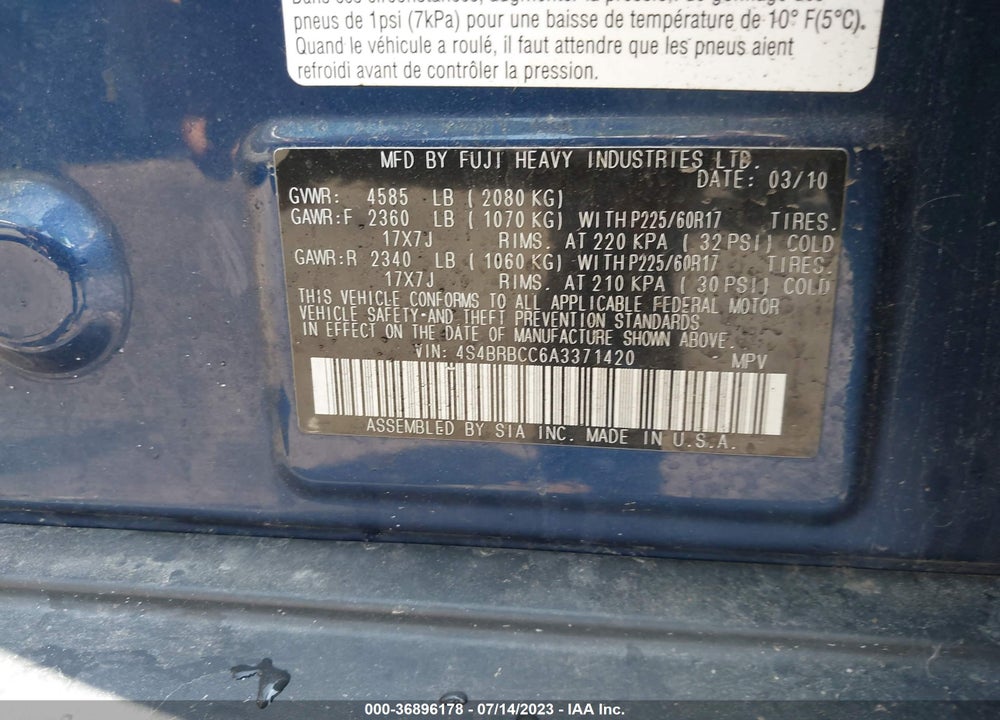 2010 SUBARU OUTBACK 2.5I PREMIUM VIN: 4S4BRBCC6A3371420