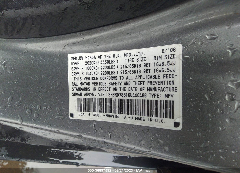 2006 HONDA CR-V EX VIN: SHSRD78816U440486