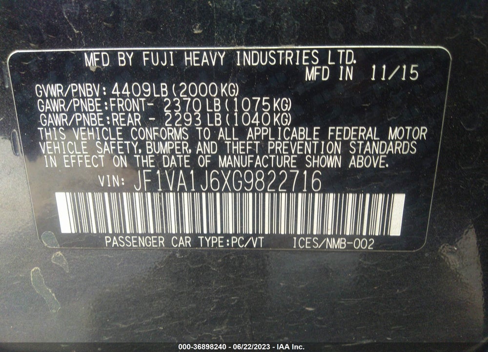 2016 SUBARU WRX LIMITED VIN: JF1VA1J6XG9822716