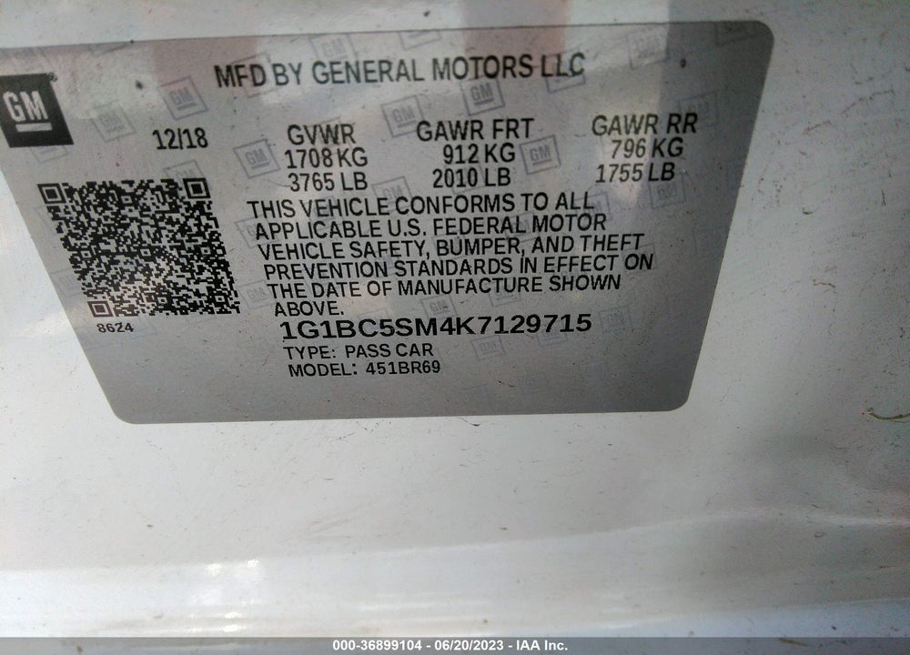 2019 CHEVROLET CRUZE LS VIN: 1G1BC5SM4K7129715