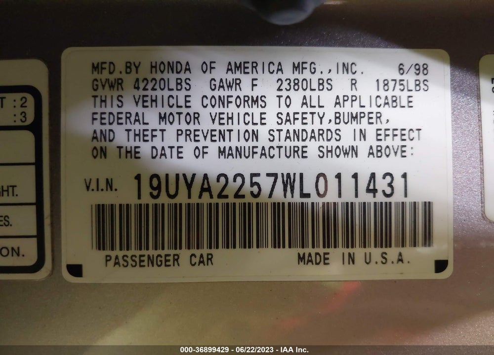1998 ACURA CL 3.0 VIN: 19UYA2257WL011431