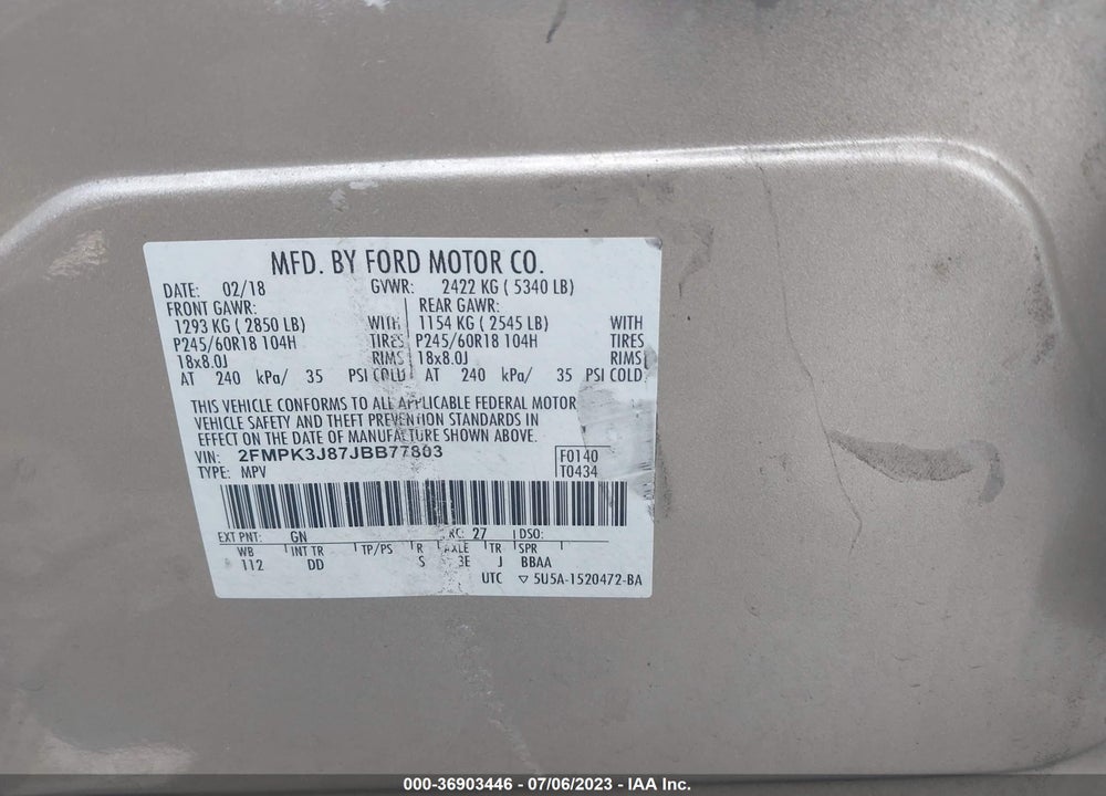 2018 FORD EDGE SEL VIN: 2FMPK3J87JBB77803
