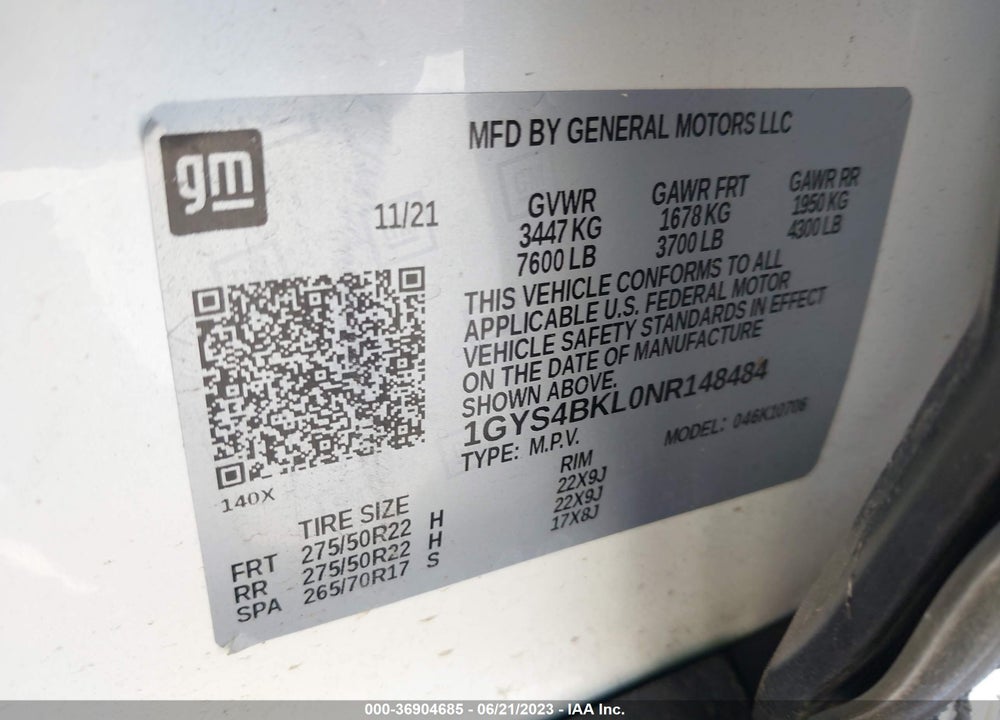 2022 CADILLAC ESCALADE 4WD PREMIUM LUXURY VIN: 1GYS4BKL0NR148484