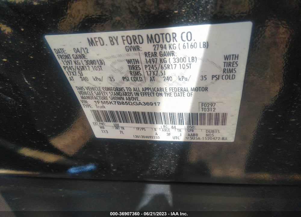 2013 FORD EXPLORER VIN: 1FM5K7B85DGA36917