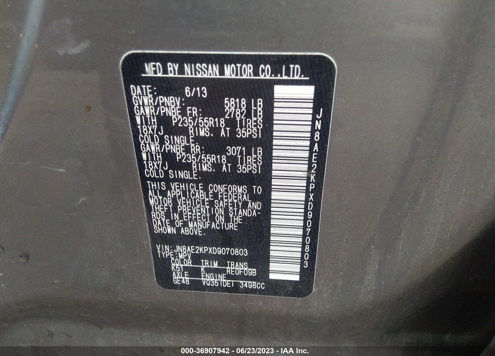 2013 NISSAN QUEST SL VIN: JN8AE2KPXD9070803