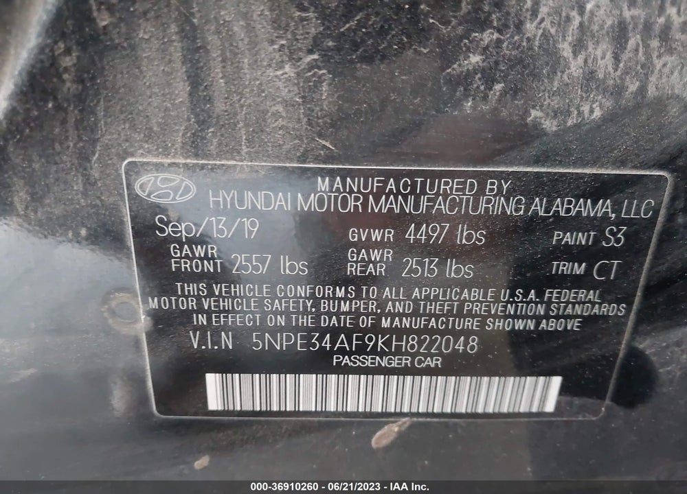 2019 HYUNDAI SONATA SPORT VIN: 5NPE34AF9KH822048
