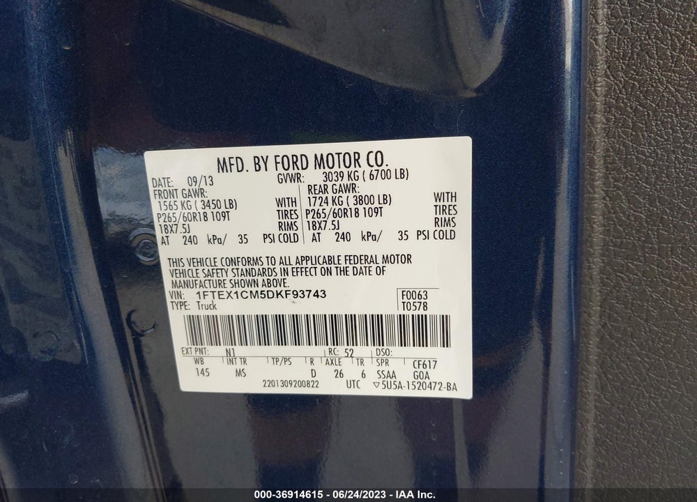 2013 FORD F-150 XLT VIN: 1FTEX1CM5DKF93743