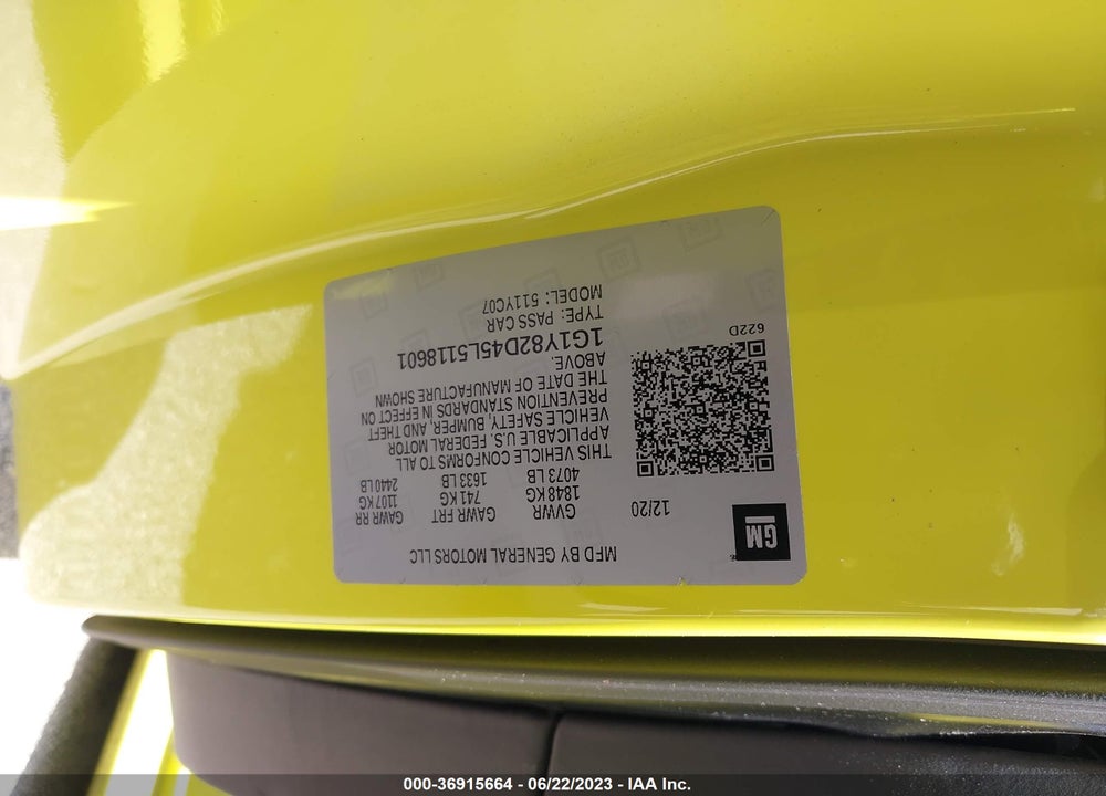 2020 CHEVROLET CORVETTE STINGRAY RWD 3LT VIN: 1G1Y82D45L5118601