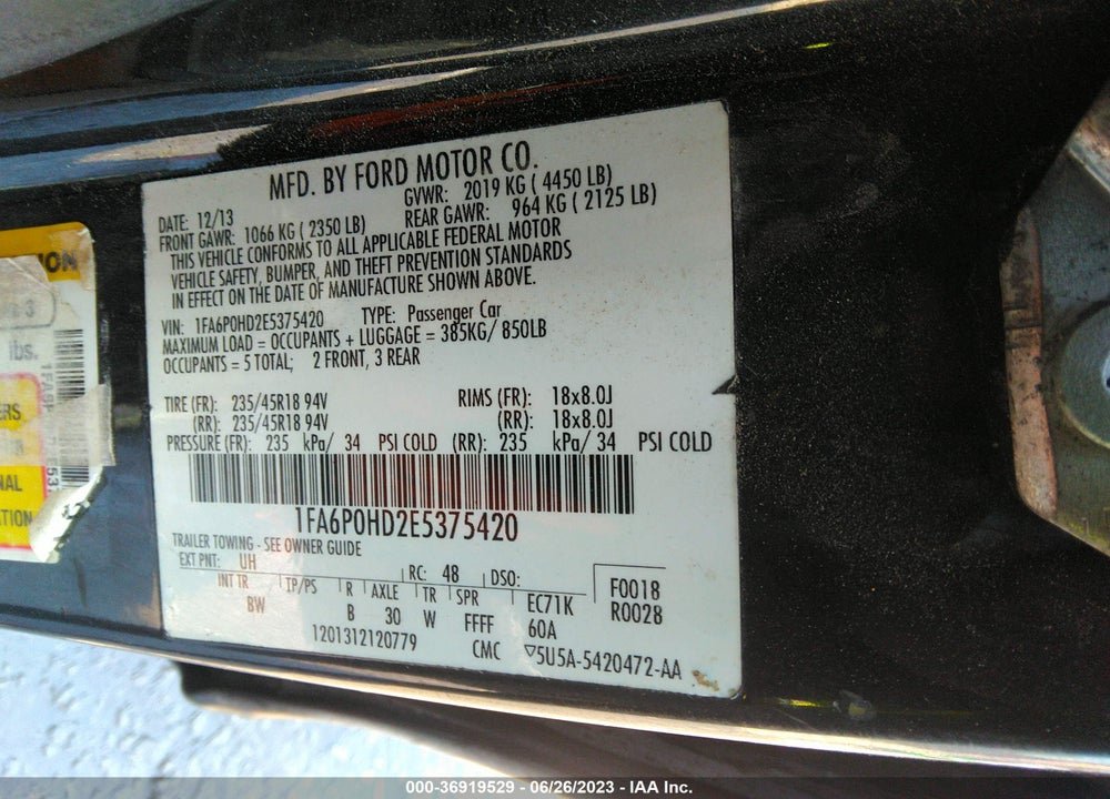 2014 FORD FUSION SE VIN: 1FA6P0HD2E5375420