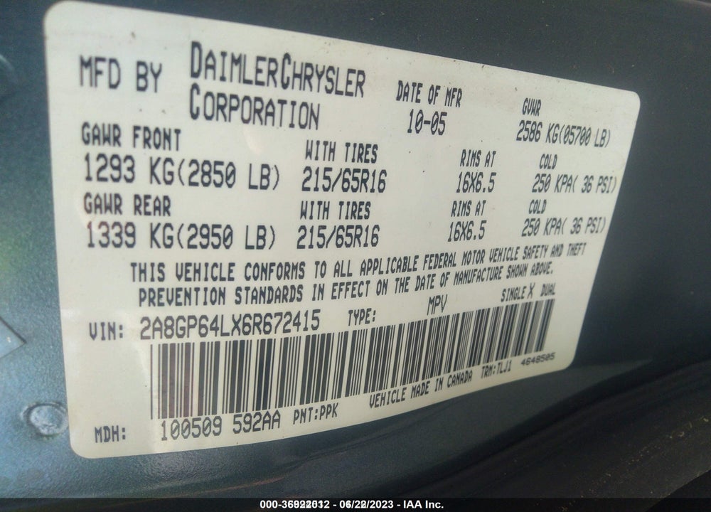 2006 CHRYSLER TOWN & COUNTRY LIMITED VIN: 2A8GP64LX6R672415