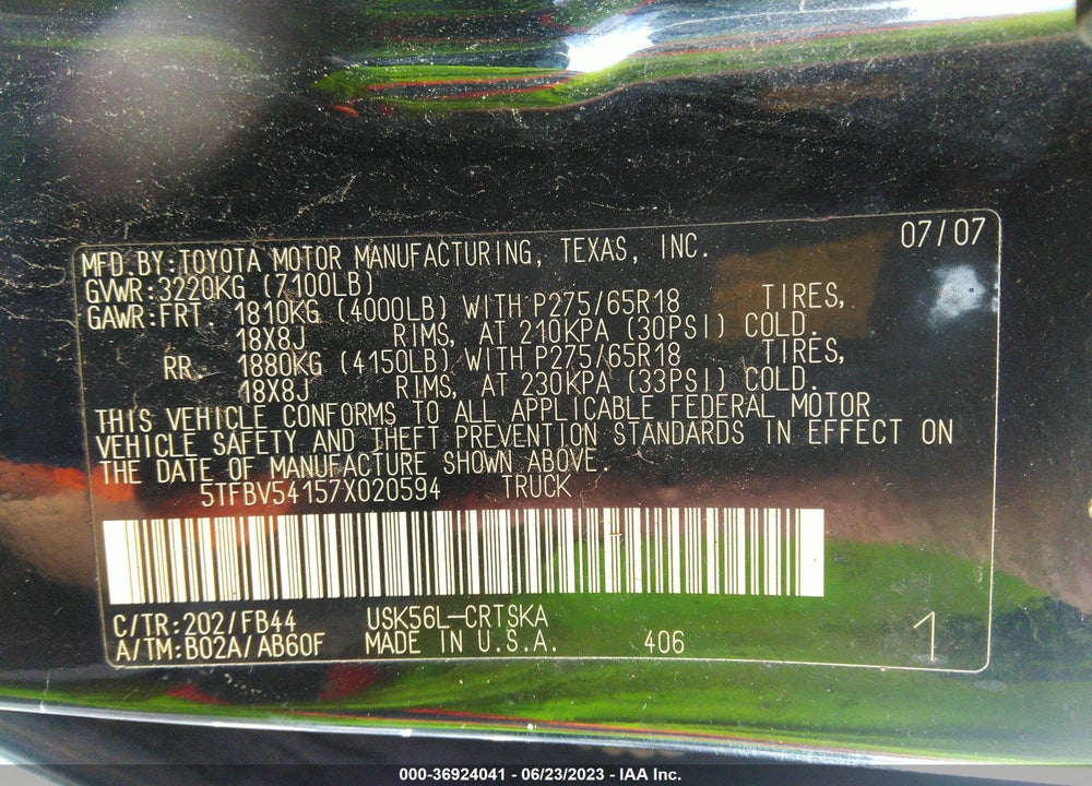 2007 TOYOTA TUNDRA SR5 5.7L V8 VIN: 5TFBV54157X020594