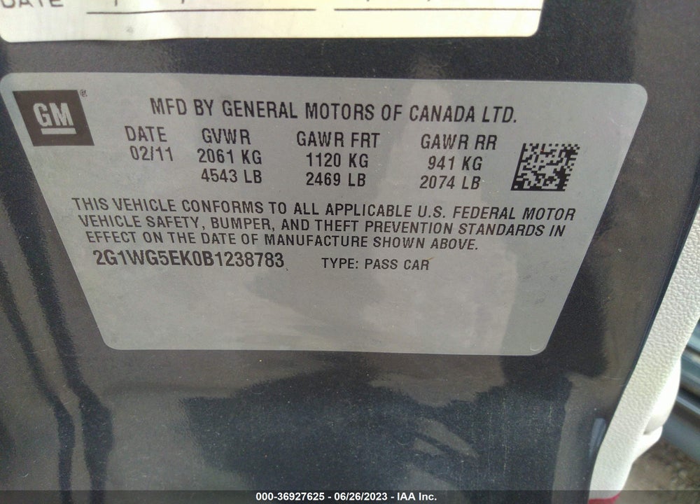 2011 CHEVROLET IMPALA LT VIN: 2G1WG5EK0B1238783