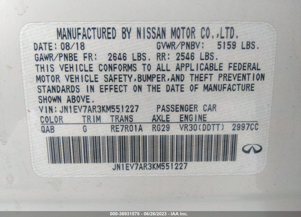2019 INFINITI Q50 3.0T LUXE VIN: JN1EV7AR3KM551227