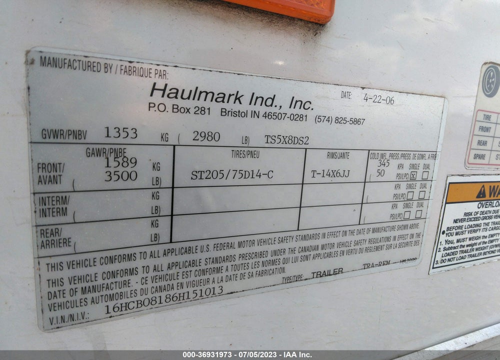 2006 HAUL MARK IND HAUL MARK VIN: 16HCB08186H151013