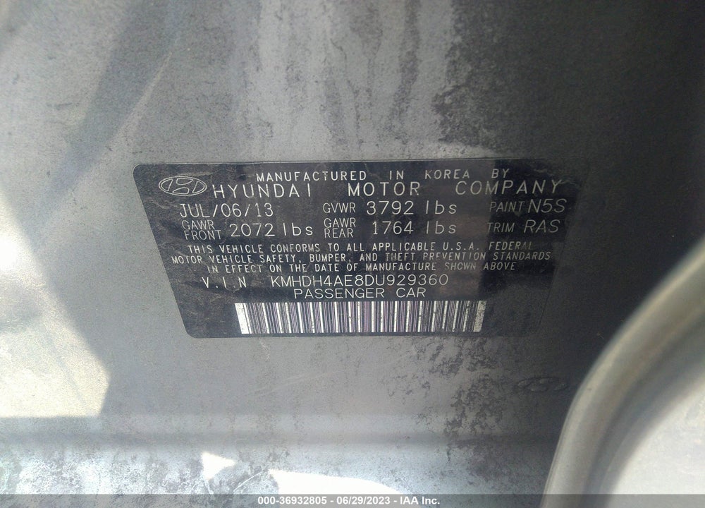 2013 HYUNDAI ELANTRA GLS (ULSAN PLANT) VIN: KMHDH4AE8DU929360