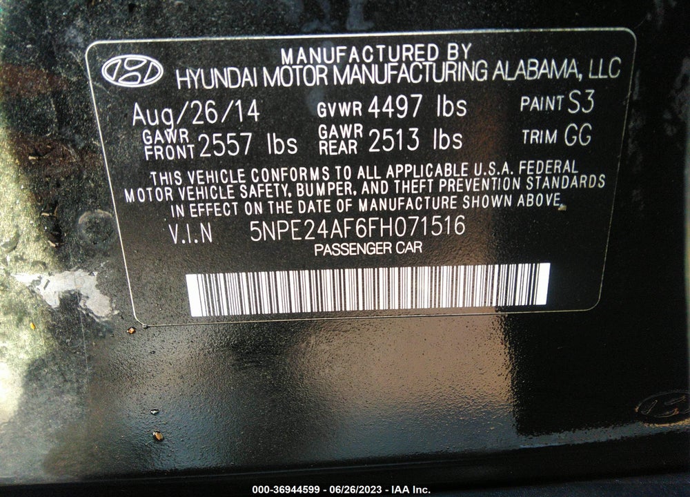 2015 HYUNDAI SONATA SE VIN: 5NPE24AF6FH071516