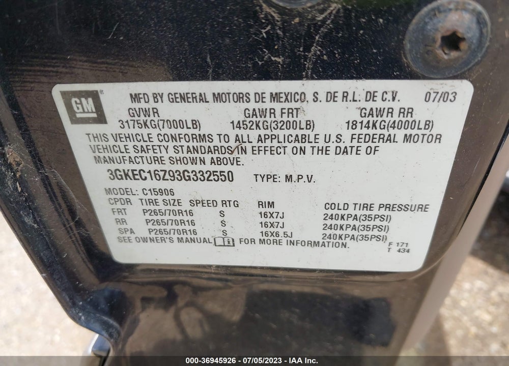 2003 GMC YUKON XL 1500 SLE VIN: 3GKEC16Z93G332550