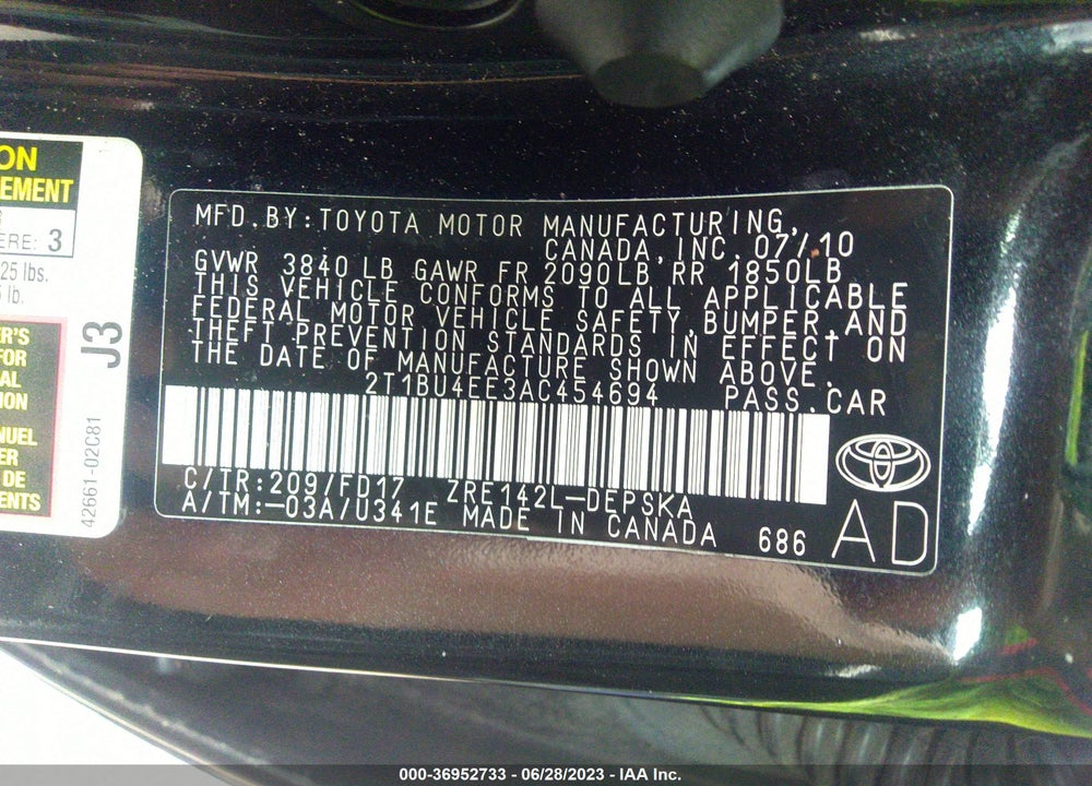 2010 TOYOTA COROLLA S VIN: 2T1BU4EE3AC454694