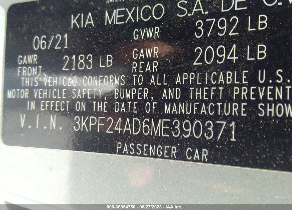2021 KIA FORTE LXS VIN: 3KPF24AD6ME390371