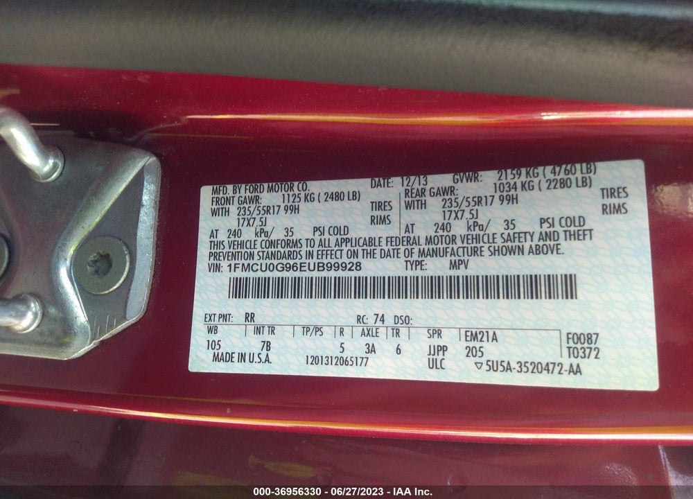 2014 FORD ESCAPE SE VIN: 1FMCU0G96EUB99928