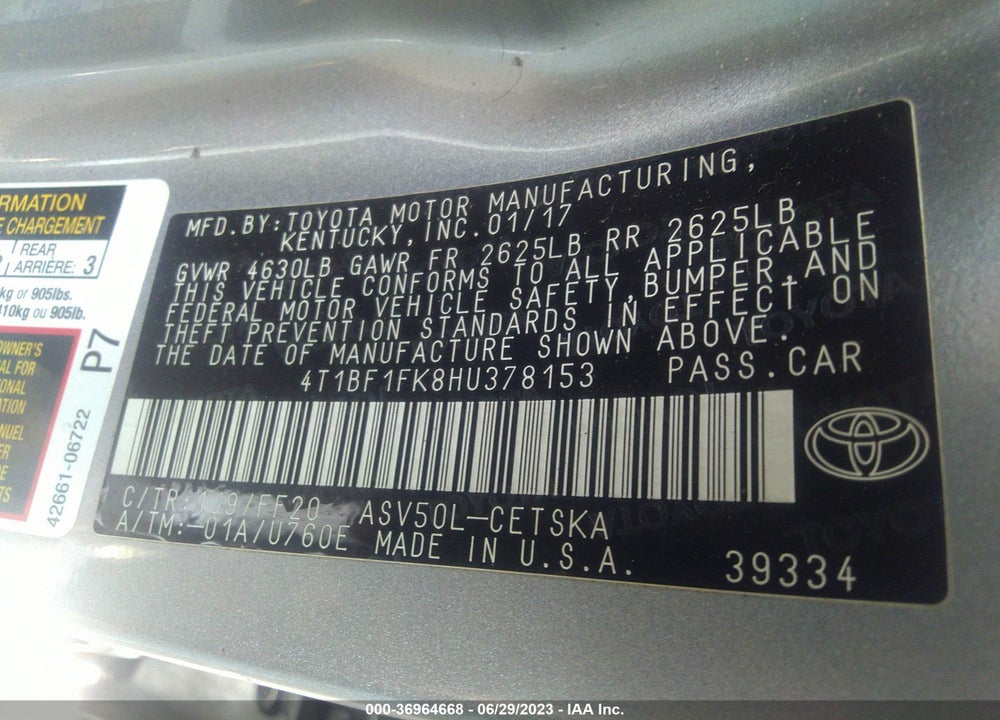 2017 TOYOTA CAMRY VIN: 4T1BF1FK8HU378153