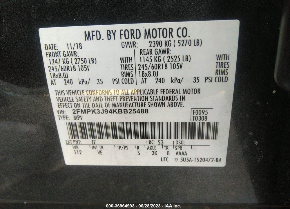 2019 FORD EDGE SEL VIN: 2FMPK3J94KBB25488
