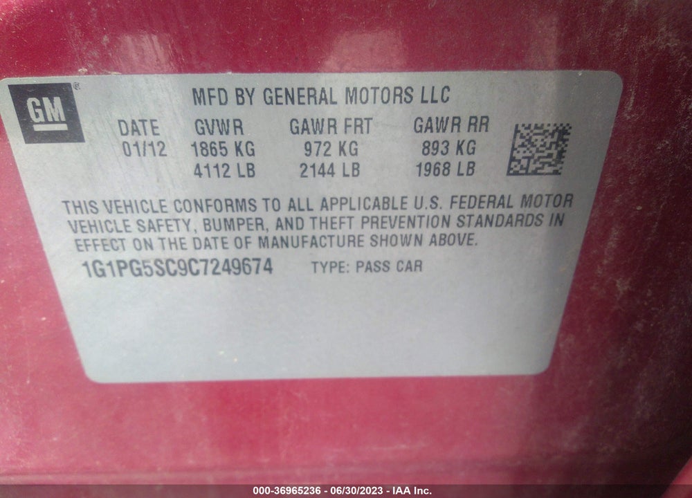 2012 CHEVROLET CRUZE 2LT VIN: 1G1PG5SC9C7249674