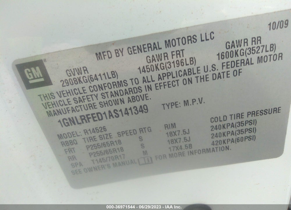 2010 CHEVROLET TRAVERSE VIN: 1GNLRFED1AS141349