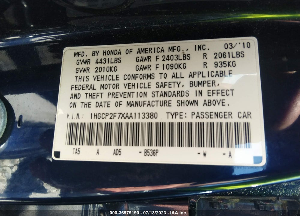 2010 HONDA ACCORD 2.4 EX VIN: 1HGCP2F7XAA113380