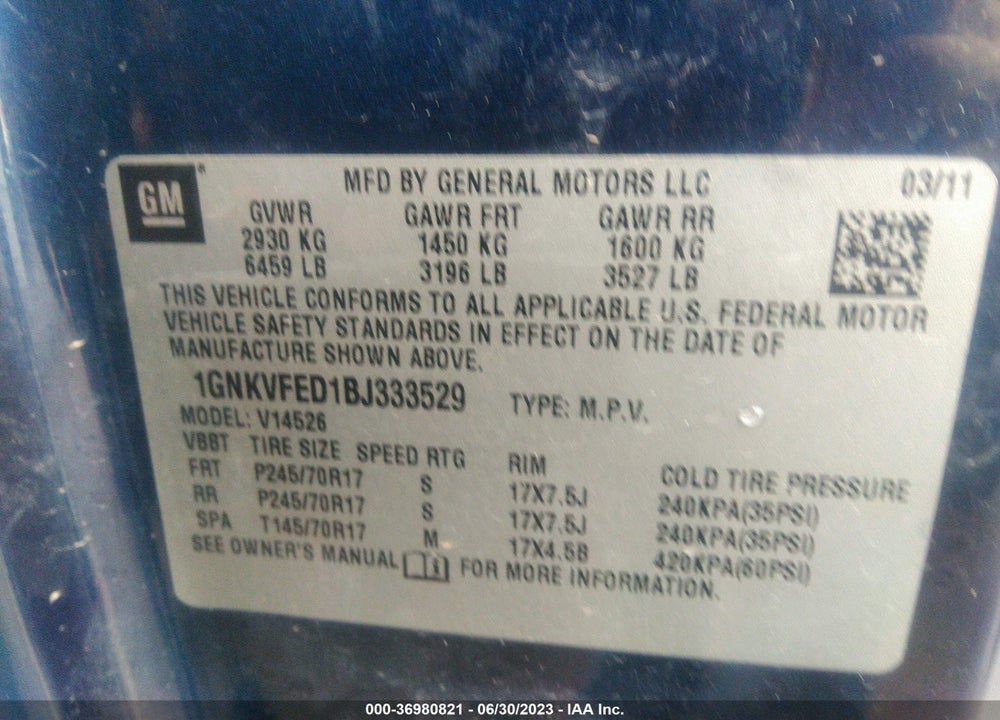2011 CHEVROLET TRAVERSE LS VIN: 1GNKVFED1BJ333529