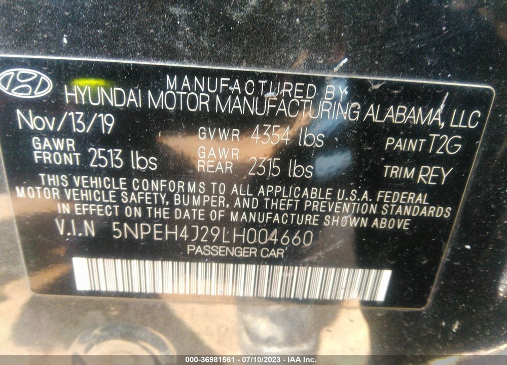 2020 HYUNDAI SONATA VIN: 5NPEH4J29LH004660