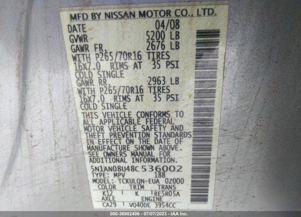 2008 NISSAN XTERRA X VIN: 5N1AN08U48C536002